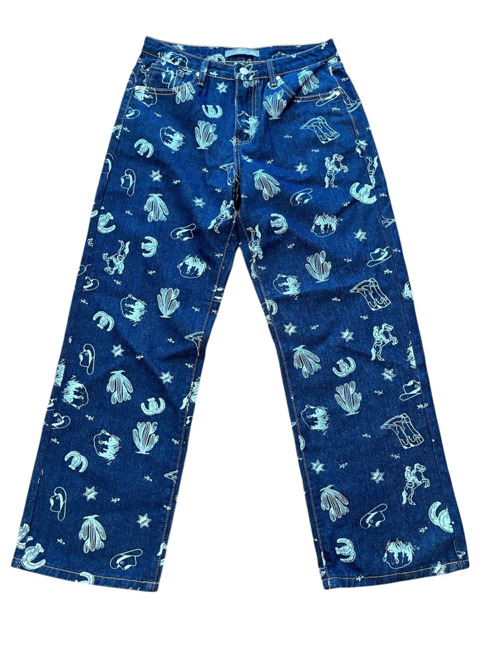 Straight-Leg Western-Themed Printed Boho Denim Jeans